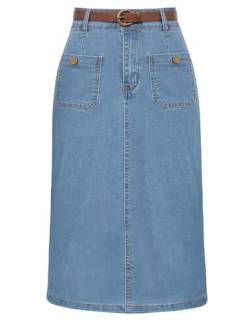 Damen Jeansrock Denim Rock Midi Bleistiftrock mit Gürtel Skirt Party Hellblau XXL von Belle Poque