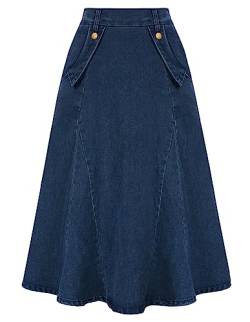 Damen Rock Jeansrock Midi A-Linie Hohe Taille Skirt mit Taschen Vintage Elegant Dunkelblau L von Belle Poque