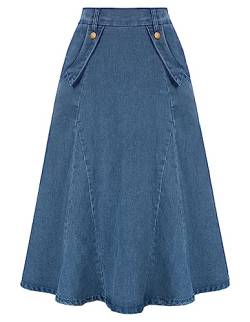 Damen Rock Jeansrock Midi A-Linie Hohe Taille Skirt mit Taschen Vintage Elegant Hellblau L von Belle Poque
