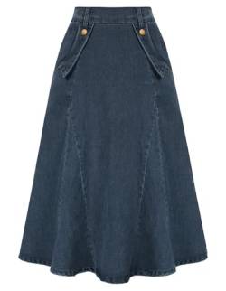 Damen Rock Midi Jeansrock A-Linie High Waist Elastische Taille mit Taschen Party Navy blau M von Belle Poque