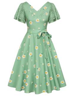 Damen Sommer Blumenkleid Vintage Knielang A-Linie Freizeitkleid V-Ausschnitt Frühling Kleid Grün S von Belle Poque