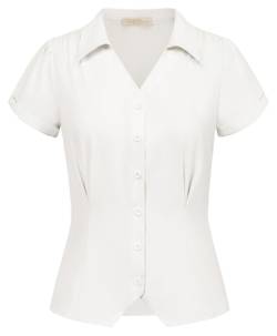 Damen Sommer Elegantes Kurzarm V Ausschnitt Revers Shirt Party Weiß XL von Belle Poque