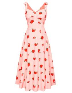 Damen Sommerkleid Midi Ärmellos Blumenkleid Elegant Partykleid A-Linie V-Ausschnitt Strandkleid Rosa L von Belle Poque