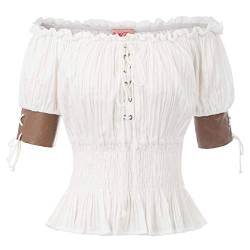 Damen Steampunk Viktorianische Bluse Schößchen Tops Boho Schulterfrei Bauernhemd, White-off Schulter, XX-Large von Belle Poque