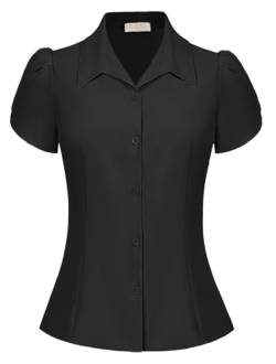 Damen Vintage Bluse Kurzarm Reverskragen Oberteile Elegant Tops Sommer Shirt Freizeit Büro Schwarz S von Belle Poque
