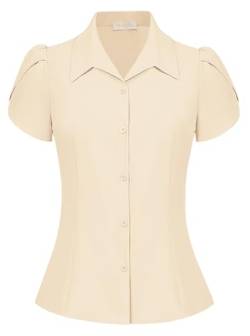 Damen Vintage Bluse Sommer Kurzarm Elegant Oberteile V-Ausschnitt Knopleiste Tops Business Freizeit Beige L von Belle Poque
