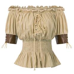 Viktorianische Schulterfrei Smocked Taille Frauen Tops Khaki L von Belle Poque