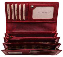 BelleBay HillBurry Damen Leder Geldbörse | RFID Portemonnaie aus weichem Echt-Leder | Lange Vintage Damenbörse | Frauen Geldbeutel Hochwertig (Rot) von BelleBay
