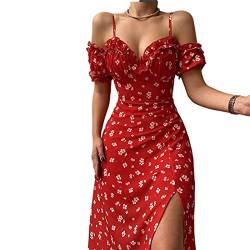 Bellezasourire Damen Casual Kurzarm Kleid Mode Blumen V Ausschnitt Split Mittellanges Schlauchoberteil Floral Sling Kleid Kleid (S, Rot) von Bellezasourire