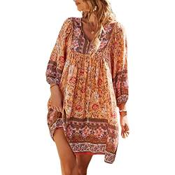 Bellezasourire Damen Elegant Sommerkleider Boho Tunika V Ausschnitt Blumenkleid aushöhlendes Patchwork 3/4 Arm Mini Kleider Damen Freizeitkleider(L,Orange A) von Bellezasourire