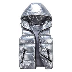 Bellezasourire Damen Klassische Passform Leichte Wasserbeständige Pufferweste Oberbekleidung Ärmellose Jacke KapuzenwesteKurz Steppweste Reißverschluss Mantel Outdoor Weste Gefütterte(XXL,Silber E) von Bellezasourire