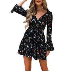 Bellezasourire Damen Kleid Elegant Langarm Blumen Kleider mit Blumen Punktmuster lässiges V-Ausschnitt Kurz Knielang Partykleid Casual für Herbst Frühling (XL, Schwarz mit Blumenmuster) von Bellezasourire