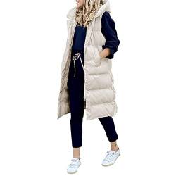 Bellezasourire Damen Lange Jacke Weste Ärmellose Daunenweste Kapuzenweste Lange Steppweste Winteroberbekleidung Reißverschluss Mantel Outdoor Pufferweste Oberbekleidung(L,Beige) von Bellezasourire