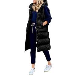 Bellezasourire Damen Lange Jacke Weste Ärmellose Daunenweste Kapuzenweste Lange Steppweste Winteroberbekleidung Reißverschluss Mantel Outdoor Pufferweste Oberbekleidung(S,Schwarz) von Bellezasourire