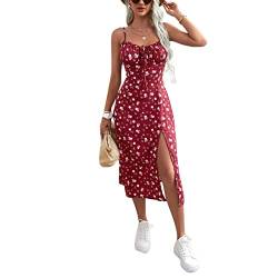 Bellezasourire Damen Sommer Casual Kleid Lang Kleider Spaghettiträger ärmelloser mit hohem Schlitz Kleid Sexy Maxikleid Strandkleid Cocktailkleid Blumendruck Partykleid(M,Rot geblümt) von Bellezasourire