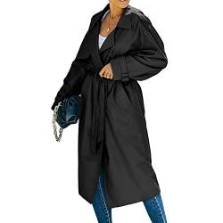 Bellezasourire Damen Trenchcoat Zweireiher Langer Mantel Damen Oversized Trenchcoat Lang Leicht Parka Jacke mit Gürtel Gehschlitz Winddichter Mantel Klassische Herbst Frühling Jacke (L, Schwarz) von Bellezasourire