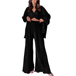 Bellezasourire Zweiteiler Damen Sommer Loungewear Set Elegant Hosenanzug Kurzarmshirt + Einfarbige Freizeithose Weite Hose Herbst Outfit Casual Streetwear Trainingsanzug (B-Schwarz, L) von Bellezasourire