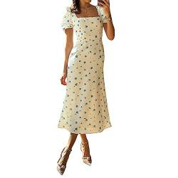 Damen Boho Kleid Sommerkleid Kurzarm O-Ausschnitt A-Linie Spitzendruck Schwingen Midikleid Kräuseln Lose Einteiliger Kuchenrock Cocktailkleid (A-Hell beige, L) von Bellezasourire