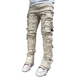Herren Destroyed Stretch Jeans Slim Fit Jeans Skinny Hip Hop Denim Hose Mit Löchern Für Männer Zerrissene Jeans Schwarze Vintage Freizeithose (Beige, M) von Bellezasourire