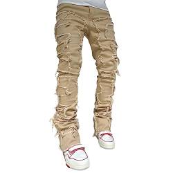 Herren Destroyed Stretch Jeans Slim Fit Jeans Skinny Hip Hop Denim Hose Mit Löchern Für Männer Zerrissene Jeans Schwarze Vintage Freizeithose (Khaki, XL) von Bellezasourire