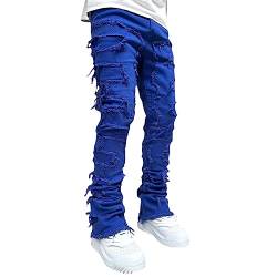 Herren Destroyed Stretch Jeans Slim Fit Jeans Skinny Hip Hop Denim Hose Mit Löchern Für Männer Zerrissene Jeans Schwarze Vintage Freizeithose (Königsblau, L) von Bellezasourire