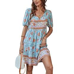 Sommerkleid Damen Boho Kleid Kurzarm V Ausschnitt A-Linie Tie-up Kleid Blumen Schwingen Knielang minikleid Blumendruck Rüschendekoration Lose hoher Taille Strandkleid(L,Blau) von Bellezasourire