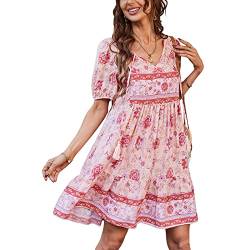 Sommerkleid Elegant Damen Bohemian Tunika Kleid Strandkleid Tunikakleider Vintage Strandtunika Kurzarm V-Ausschnitt Kleid Blumendruck Kurzes Tops (Rosa B,L) von Bellezasourire