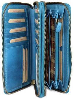 Hochwertige XXL Vintage Leder Damen Geldbörse Portemonnaie langes Portmonee Geldbeutel Organizer aus weichem Leder mit extra vielen Fächern inkl. RFID in hellblau - 20x11x3,5cm (B x H x T) von Belli