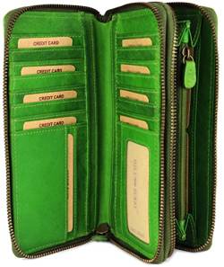 Hochwertige XXL Vintage Leder Damen Geldbörse Portemonnaie langes Portmonee Geldbeutel Organizer mit extra vielen Fächern inkl. RFID in grün Gemustert - 20x11x3,5cm (B x H x T) von Belli