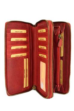 Hochwertige XXL Vintage Leder Damen Geldbörse Portemonnaie langes Portmonee Geldbeutel Organizer mit extra vielen Fächern inkl. RFID in rot Gemustert - 20x11x3,5cm (B x H x T) von Belli