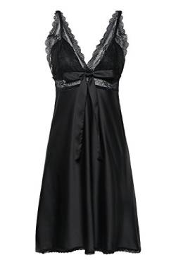 BellisMira Damen Negligee Lace Nachthemd Satin Nachtkleid Sexy Sleepwear Spitze Kurz Trägerkleid V Ausschnitt Elegant Dessous,S,Schwarz von BellisMira