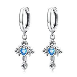 Bellitia Jewelry 925 Sterling Silber Damen Reifen Ohrringe mit Kreuz Anhänger, Creolen Ohrringe Dangle Ohrringe Zirkonia Blaues Herz Schmuck von Bellitia Jewelry