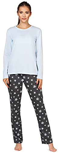 Bellivalini Damen Schlafanzug lang Pyjama Langarm Lange Hose Rundhalsausschnitt Muster Sterne bunt BLV50-167(Blau Graphite Sterne, L) von Bellivalini