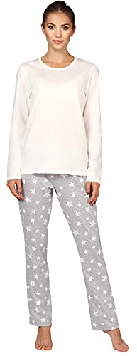 Bellivalini Damen Schlafanzug lang Pyjama Langarm Lange Hose Rundhalsausschnitt Muster Sterne bunt BLV50-167(Creme Melange Sterne, M) von Bellivalini
