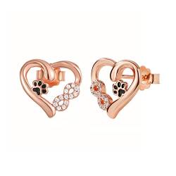 Ohrring Silber 925 Damen Tier Pfotenabdruck Unendlichkeit Liebe Herz Ohrstecker für Hundeliebhaber Geschenk (Rosa Gold) von Bellrela