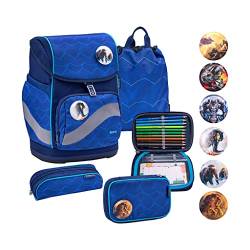 Belmil Premium Smarty Plus ergonomisches Schulranzen Set 5-teilig mit Patch Set 6 Stück, AGR, Brustgurt, Hüftgurt, Magnetverschluss (405-51/P/S Estate Blue) von Belmil