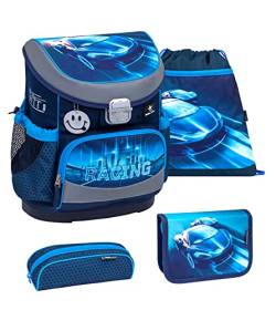 Belmil ergonomischer Schulranzen Set 4 -teilig für Jungen 1, 2 Klasse Grundschule/Super Leicht 800-860 g/Brustgurt / (405-33 Racing Blue Neon) von Belmil