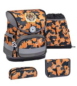 Belmil ergonomischer Schulranzen Set 4 -teilig für Jungen 1-4 Klasse Grundschule/Brustgurt/Magnetverschluss (405-41 Orange Camouflage) von Belmil