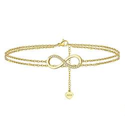 Belons Damen Fußkettchen 925 Sterling Silber Zirkonia Unendlichkeit Infinity Herz Mädchen Fußkettchen Charm Knöchel Armband Doppel Fußketten, Gold von Belons