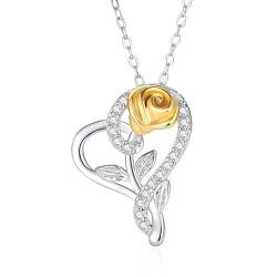 Belons Damen Kette Herz Rose 925 Sterling Silber Zirkonia Röschen Herzanhänger Halskette Kette mit Anhänger für Mädchen Damen von Belons