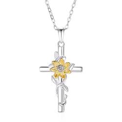 Belons Damen Kette Kreuz Blume 925 Sterling Silber Zirkonia Sonnenblume Kreuzanhänger Halskette Kette mit Anhänger für Mädchen Damen von Belons