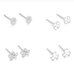 Belons Damen Ohrringe Kleine Ohrstecker Ohrringe, 3 Paare 999 Sterling Silber Kleeblatt Blume Chrysantheme Mini Ohrstecker Ohrringe Set für Mädchen Frauen Kinder von Belons