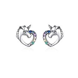 Belons Einhorn Ohrringe 925 Sterling Silber Mädchen Ohrstecker Herz mit Mehrfarbig Zirkonia, Geschenk für Damen Frauen Kinder von Belons