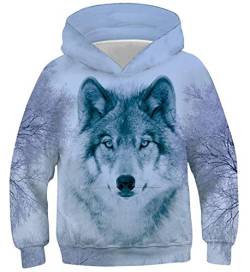 Belovecol 3D Wolf Hoodie für Mädchen Jungen Langarm Kapuzenpullover Atmungsaktiv Coole Pullover Kordelzug Sweatshirts Kapuzenpulli 8 9 10 Jahre von Belovecol