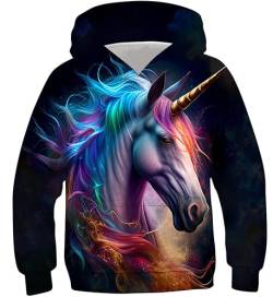 Belovecol Kinder Hoodie 3D Farbiges Einhorn Kapuzenpullover Modern Langarm Sweatshirt Kapuze Taschen für Jungen Mädchen 11-13 Jahre von Belovecol