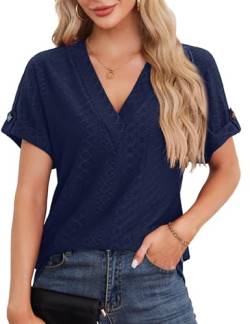 Beluring Bluse Damen Elegant Kurzarm Oberteile Lässig V Ausschnitt Tee Shirt Marineblau XL von Beluring