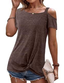 Beluring Cold Shoulder Shirt Damen Baumwolle Kurzarm Tshirt Basic Top Sommer Oberteile Tunika Braun XL von Beluring
