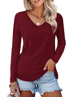 Beluring Damen Baggy Cute Tops langärmlige V-Ausschnitt Basic T Shirts Burgund XL von Beluring