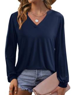 Beluring Damen Bluse Elegant Casual Langarm T Shirts Laternenärmel Basic Shirt Marineblau XL von Beluring
