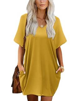 Beluring Damen Blusekleid Elegante V Ausschnitt Kurzarm Kleid Mit Taschen Gelb XL von Beluring